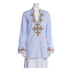 Tory Burch Blue V-Neck Ladies Tunic embroidered blouse